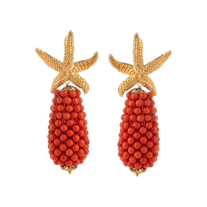 Orecchiette "star" red coral pendulum woven mounted on silver