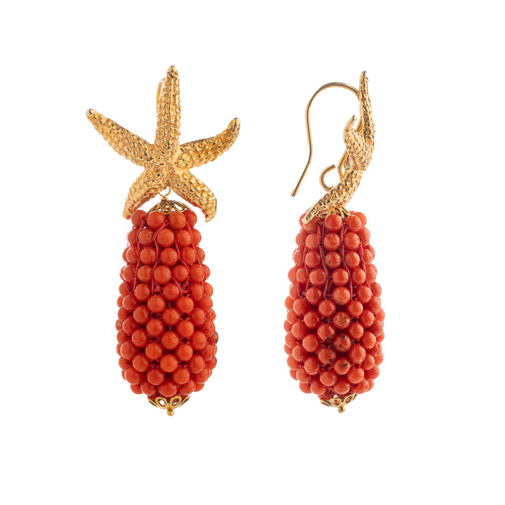 Orecchiette "star" red coral pendulum woven mounted on silver