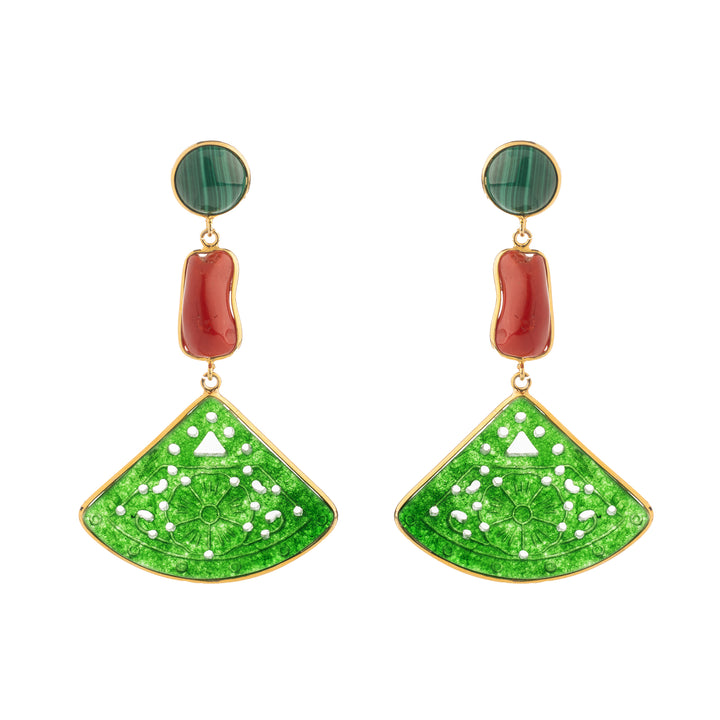 Oriental earrings on coral and jade mounted on silver