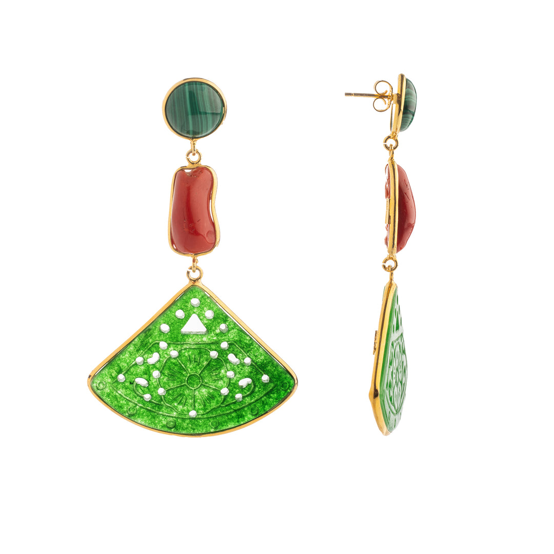 Oriental earrings on coral and jade mounted on silver