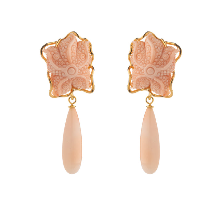Pink coral starfish earrings mounted on silver