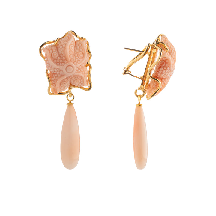 Pink coral starfish earrings mounted on silver