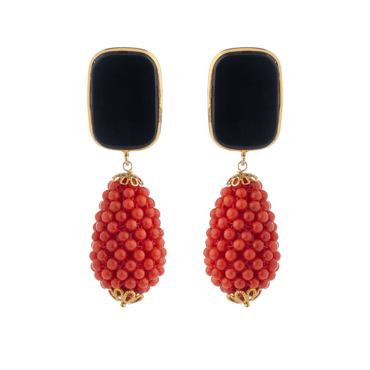 Red coral and black agate pendant earrings mounted on silver