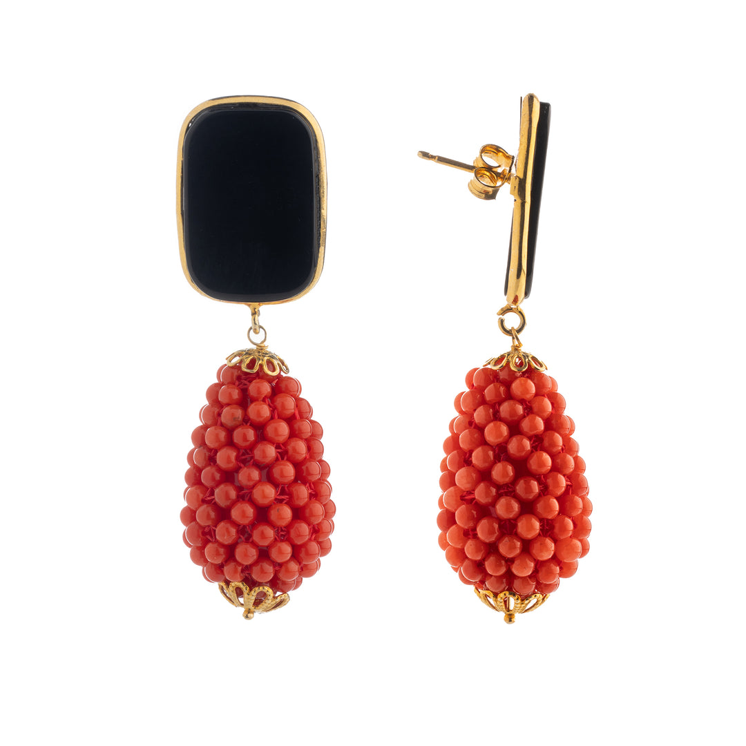 Red coral and black agate pendant earrings mounted on silver
