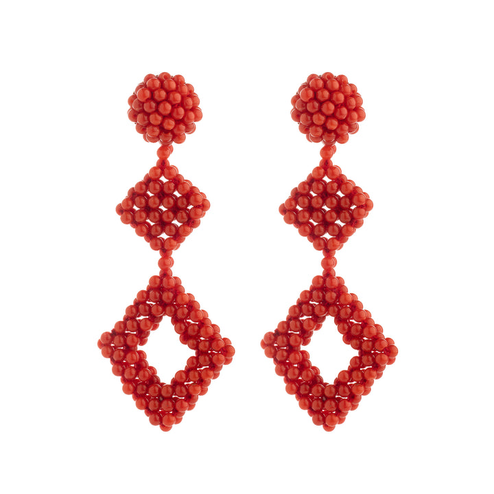 Woven red coral rhombus earrings mounted on silver