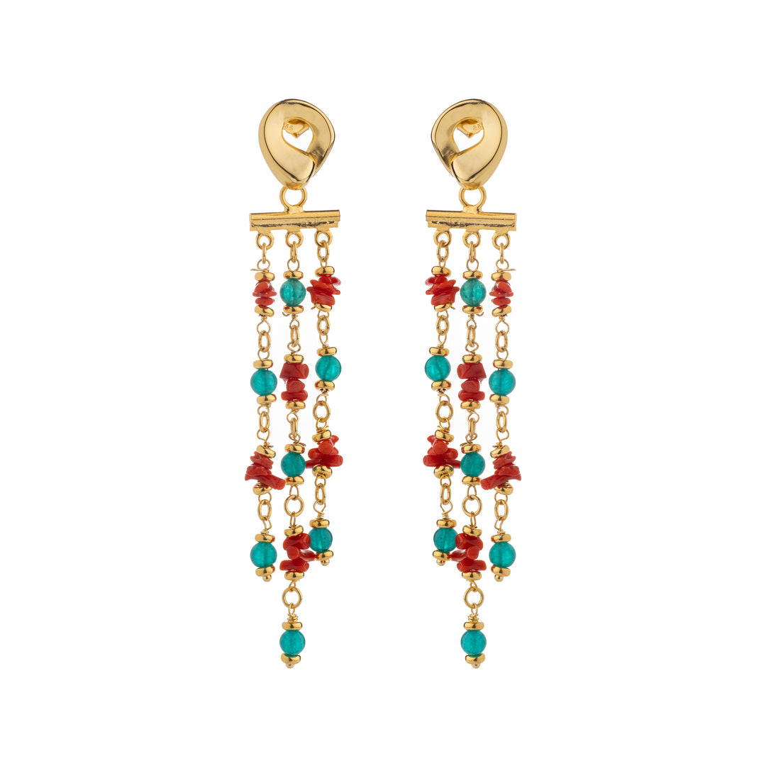 Gypsy earrings in coral, agate and jade mounted on silver