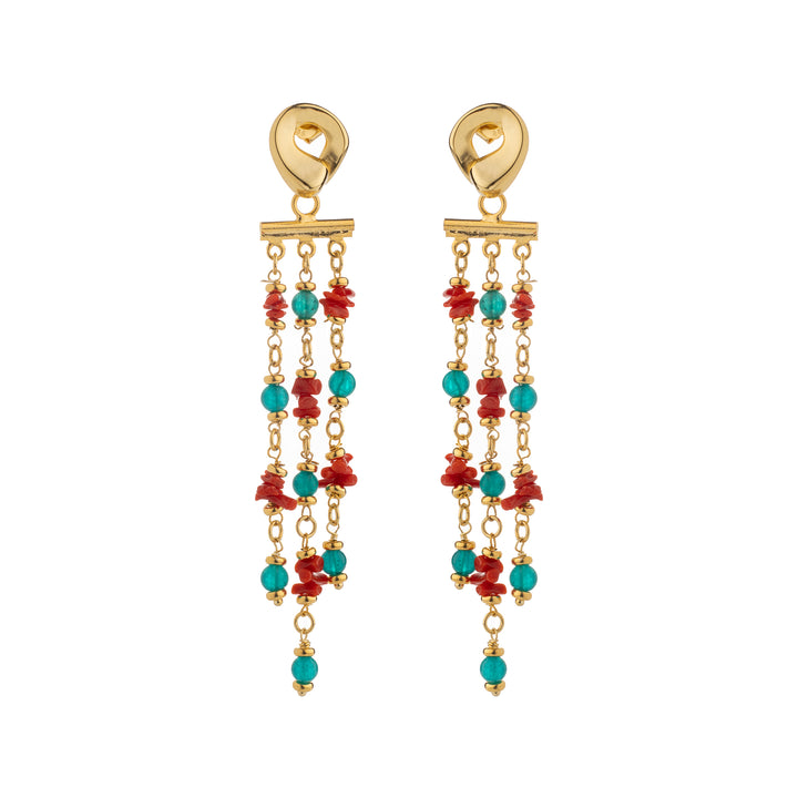 Gypsy earrings in coral, agate and jade mounted on silver