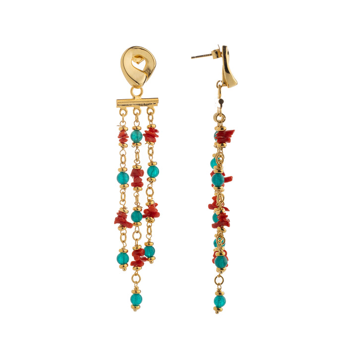 Gypsy earrings in coral, agate and jade mounted on silver
