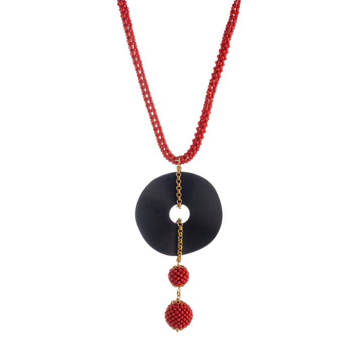 Collana di corallo in tessito ed ebano montata su argento