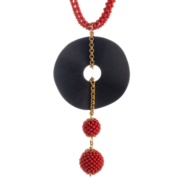 Collana di corallo in tessito ed ebano montata su argento