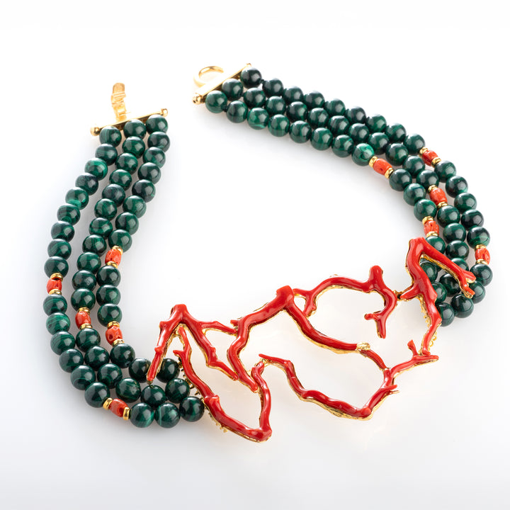 Collana malachite e ramo di corallo montato su argento