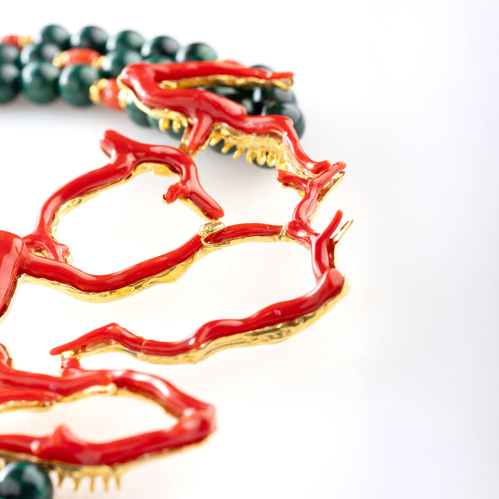 Collana malachite e ramo di corallo montato su argento