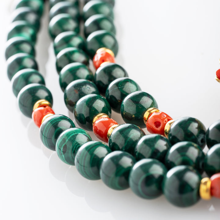 Collana malachite e ramo di corallo montato su argento