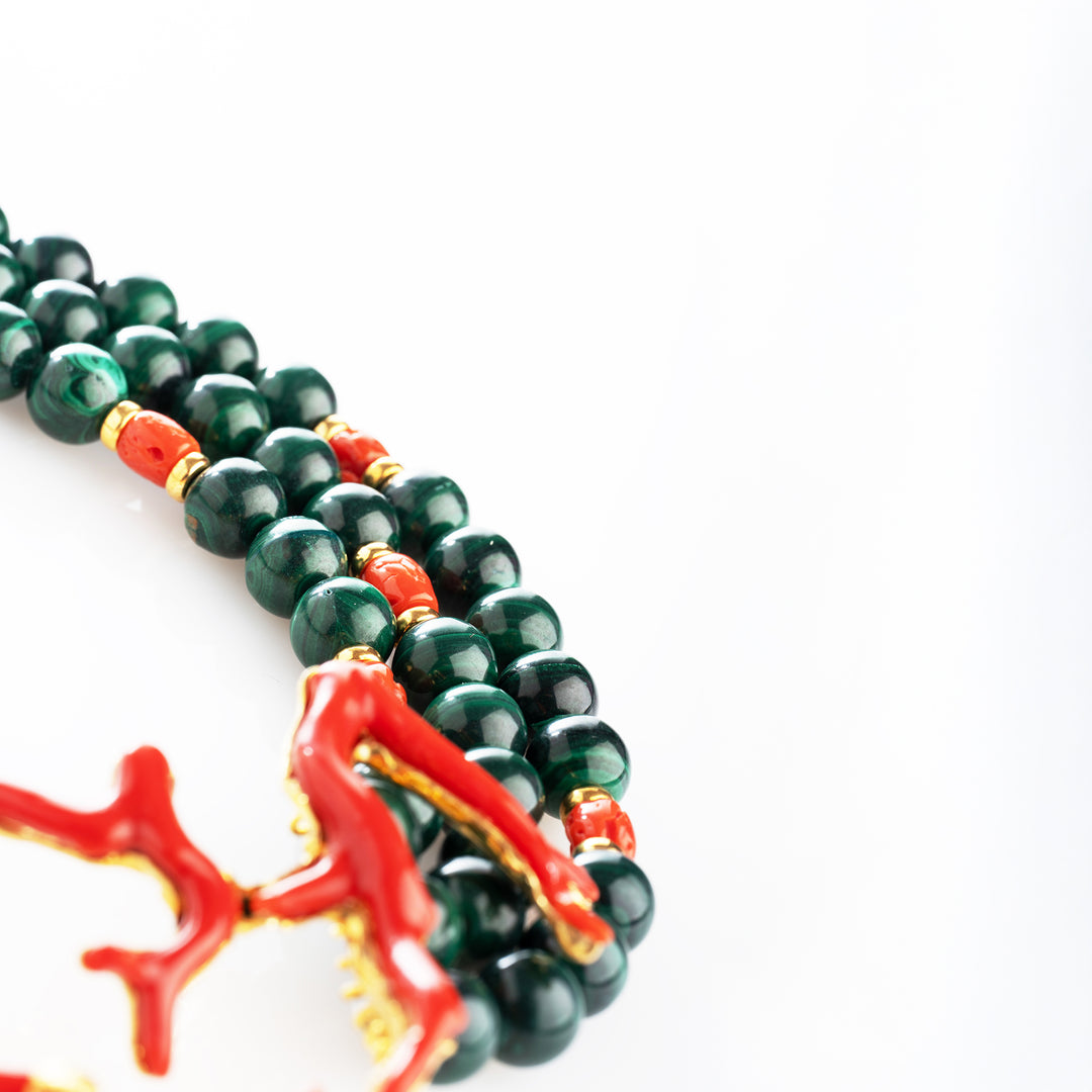 Collana malachite e ramo di corallo montato su argento