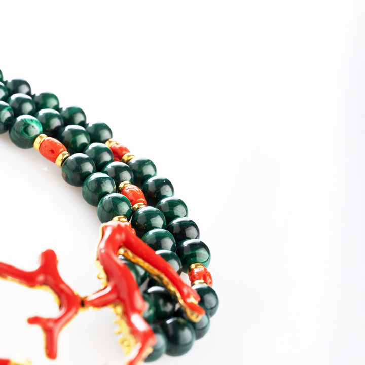 Collana malachite e ramo di corallo montato su argento