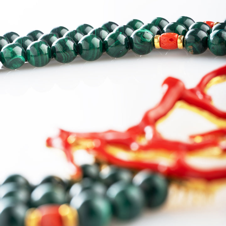 Collana malachite e ramo di corallo montato su argento