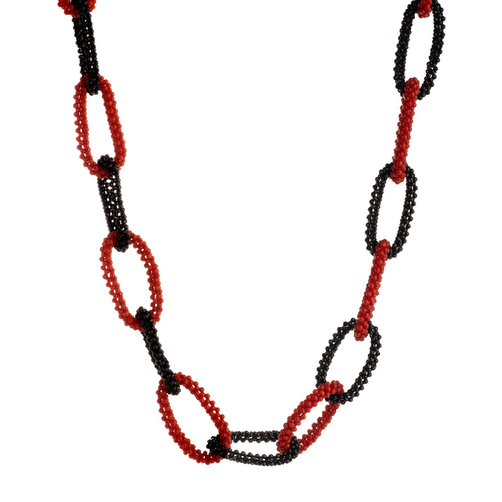 Collana corallo e spinelli in tessito