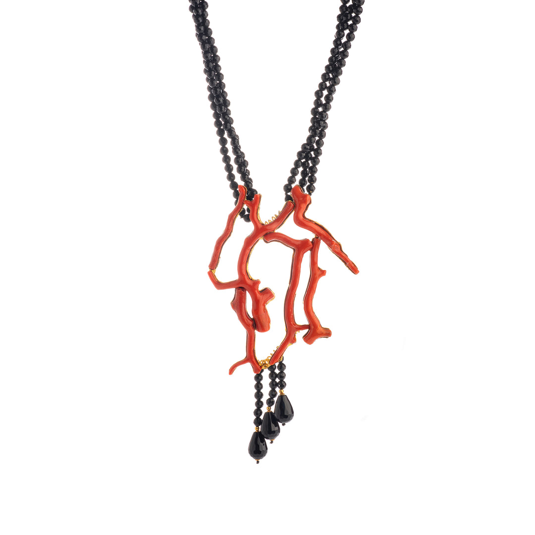 Collana ramo corallo rosso ed agata nera sfaccettata montata su argento