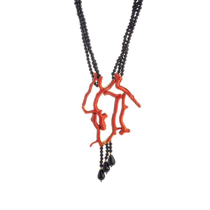 Collana ramo corallo rosso ed agata nera sfaccettata montata su argento