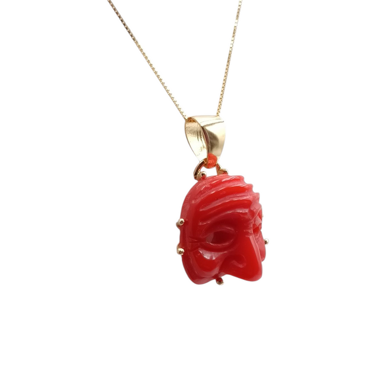 "Pulcinella" mask necklace engraved on coral paste
