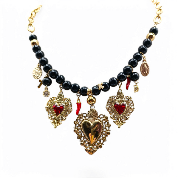 END OF COLLECTION - BLACK SACRED HEARTS NECKLACE WITH BLACK AGATE