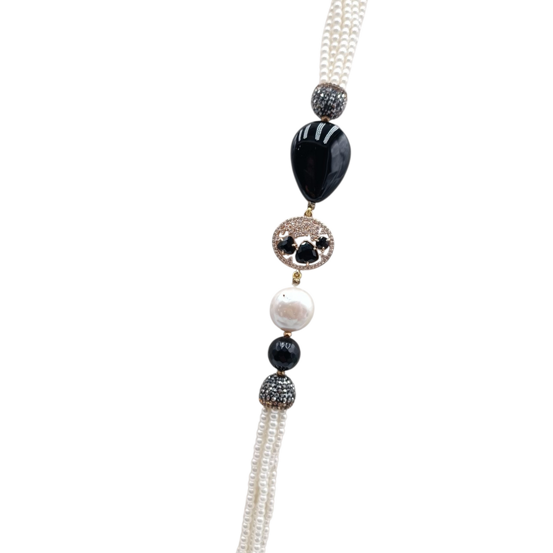 End of collection - multi-strand pearl necklace with black agate and zircons