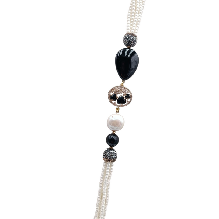 End of collection - multi-strand pearl necklace with black agate and zircons