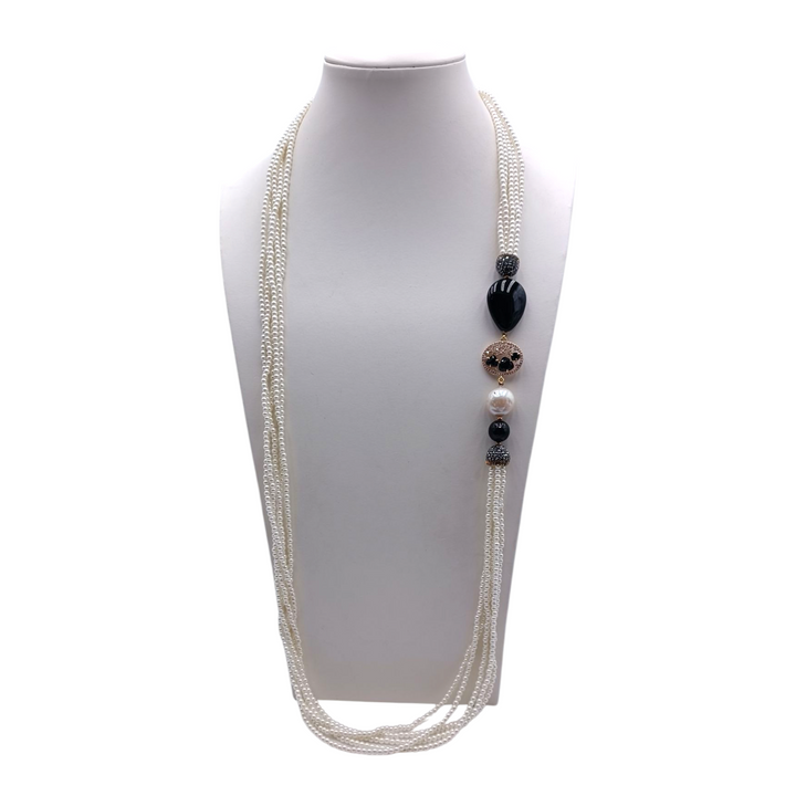 End of collection - multi-strand pearl necklace with black agate and zircons