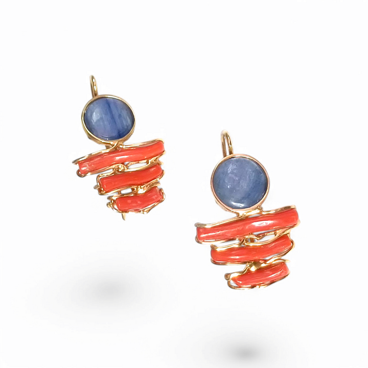 Coral and kyanite earrings mounted on silver