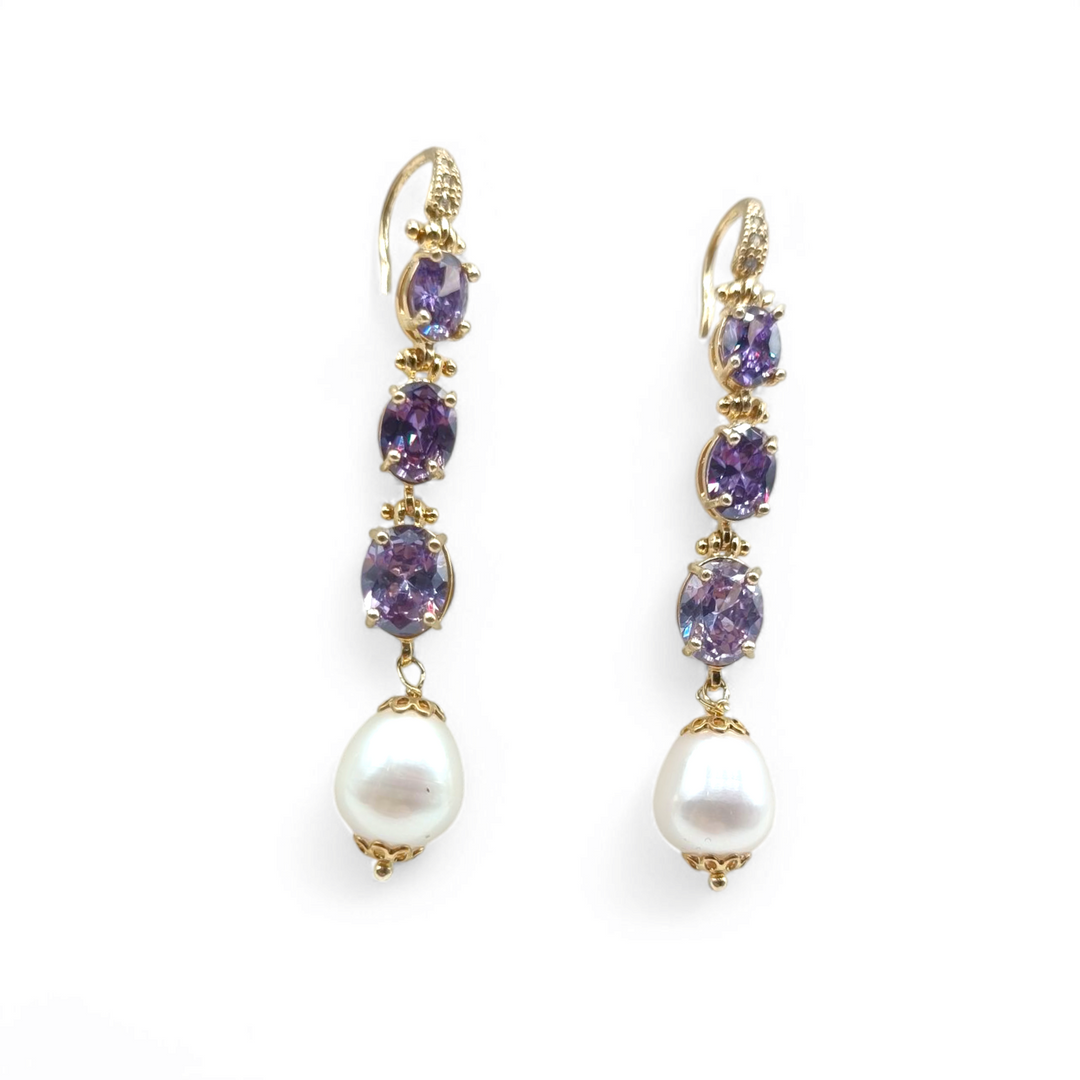 End of collection - Faceted amethyst earrings, river pearls mounted on silver