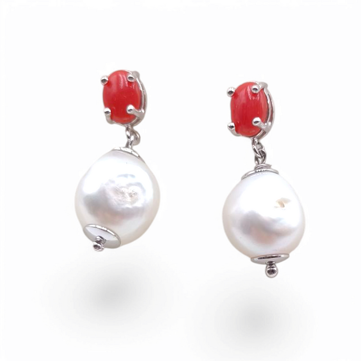 End of collection - coral and amber earrings with pearls mounted on silver