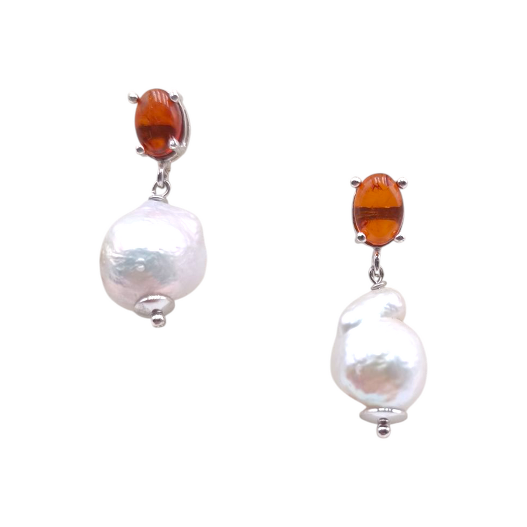 End of collection - coral and amber earrings with pearls mounted on silver