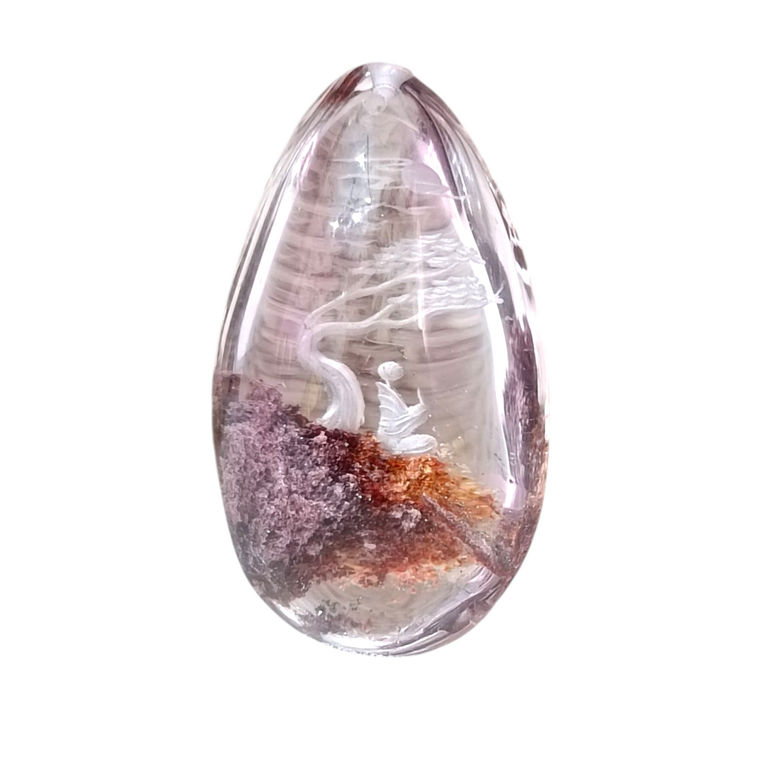"Japanese Meditation" Cabochon Pendant in Quartz with Natural Lodlite with Back Engraving