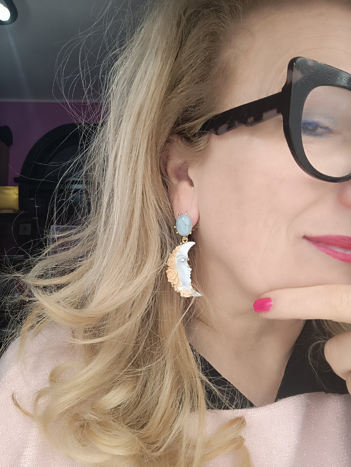Moon earrings "cameo and aquamarine" mounted on silver