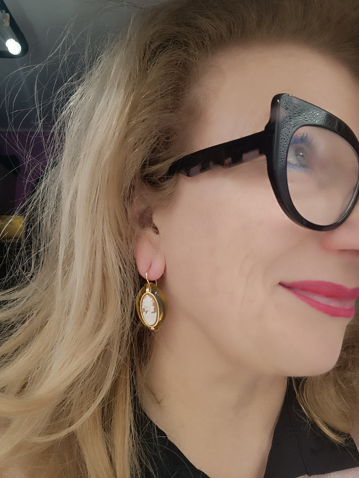 "Goddess Cameo and Green Amber" Earrings in Sardonyx Cameo and Green Amber Mounted on Silver