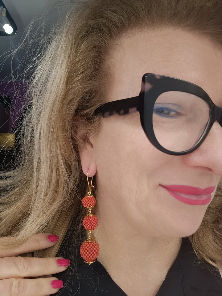 Real "coral spheres" earrings mounted on silver