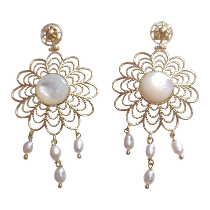 Mother of pearl and black agate earrings mounted on silver and pearls