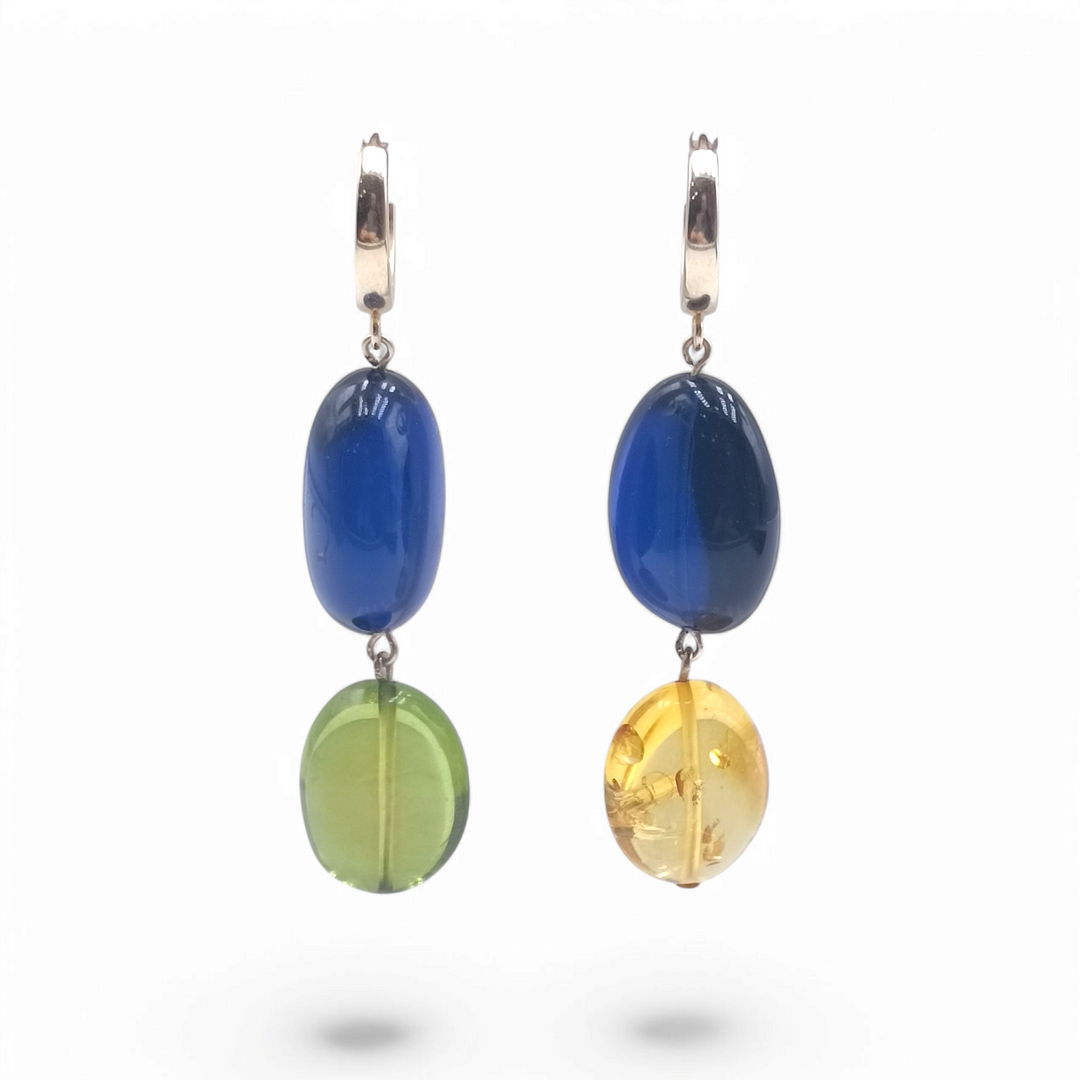 Blue, green, yellow Baltic sea amber earrings