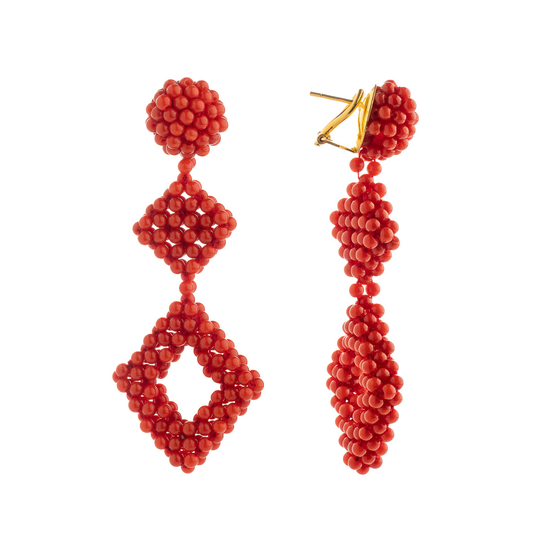 Woven red coral rhombus earrings mounted on silver