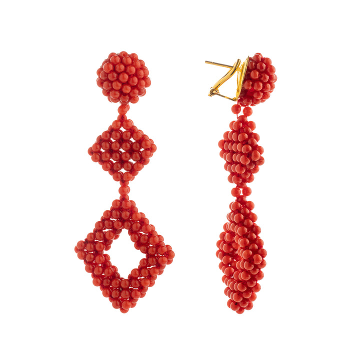 Woven red coral rhombus earrings mounted on silver