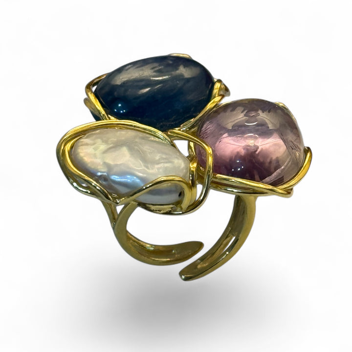 Trilogy Ring of Precious Stones and Gems set in Gold-Plated Silver