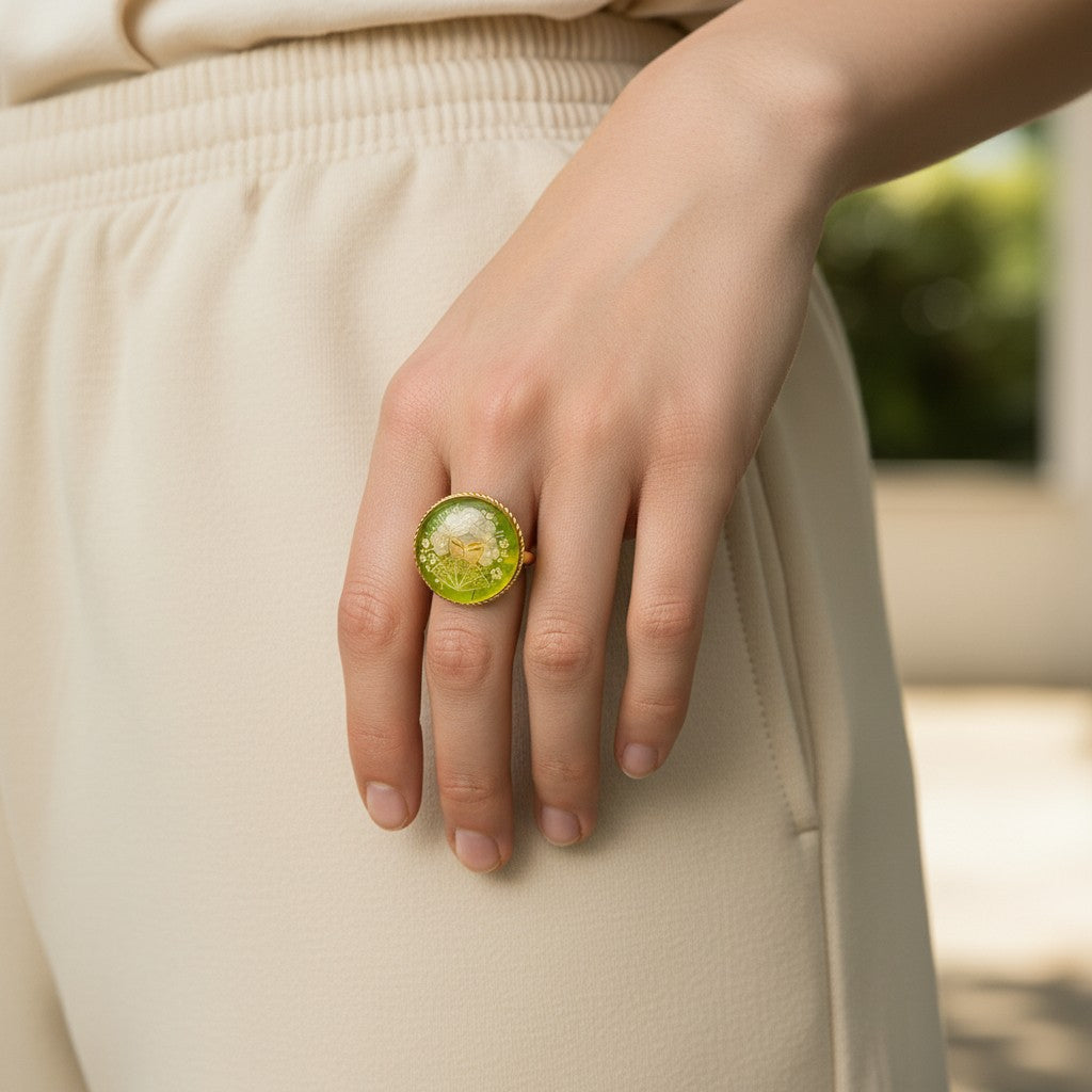 Anello Geisha di Ambra montato in Argento Dorato