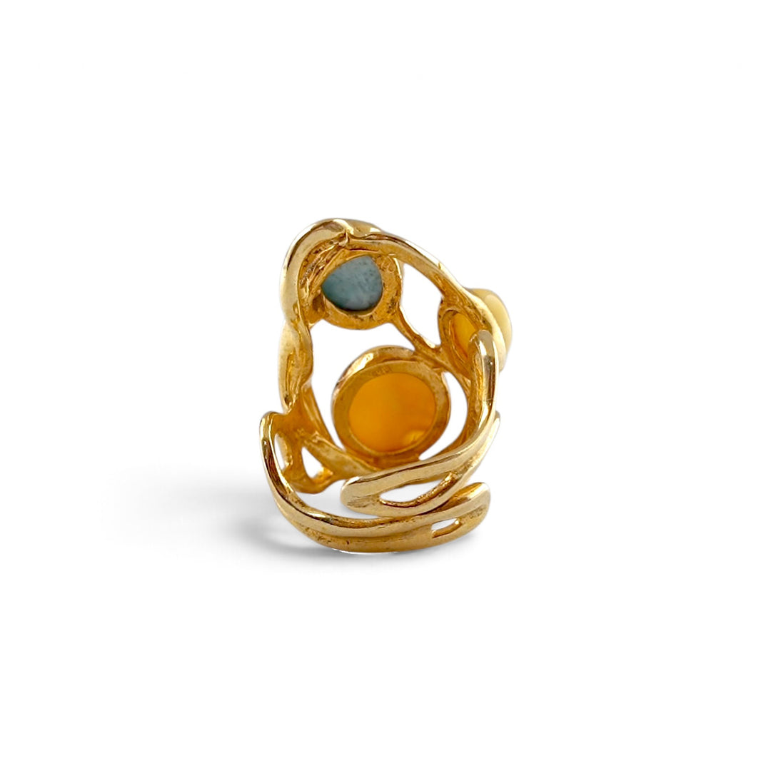 Anello di Ambra e Larimar montato in Argento Dorato