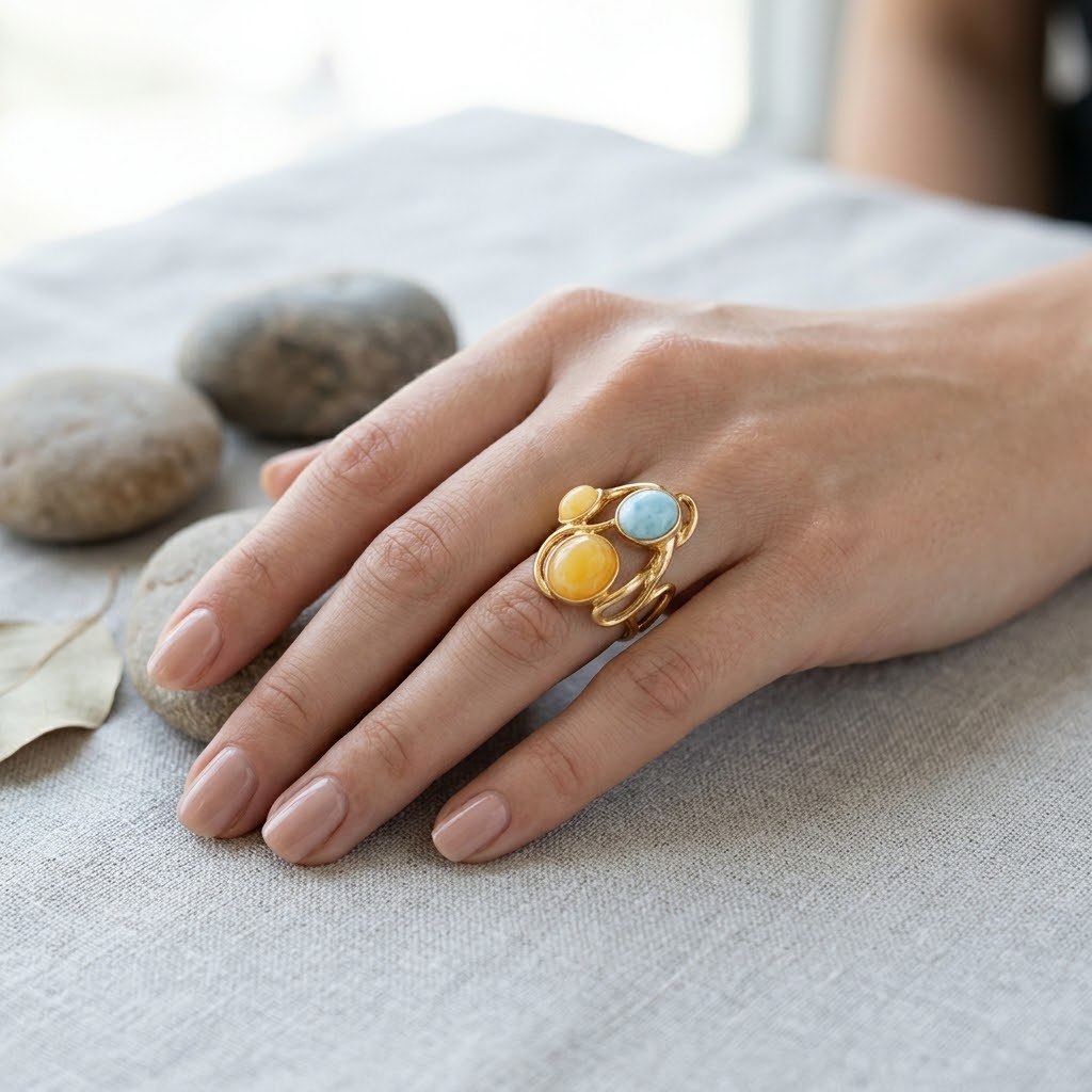 Anello di Ambra e Larimar montato in Argento Dorato
