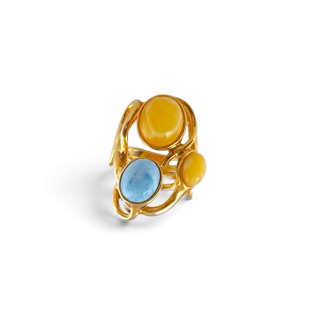 Anello di Ambra e Larimar montato in Argento Dorato