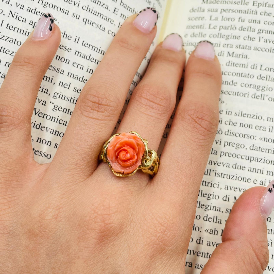Pink coral ring set on silver