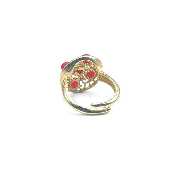 Anello di Corallo e Zirconi montato in Argento Dorato