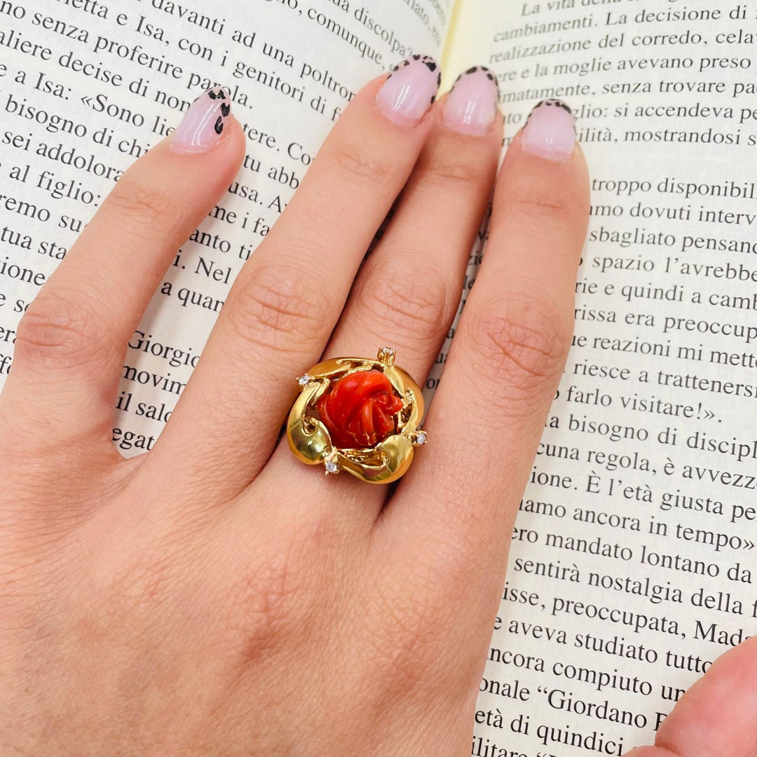 Pink ring in red coral mounted on silver