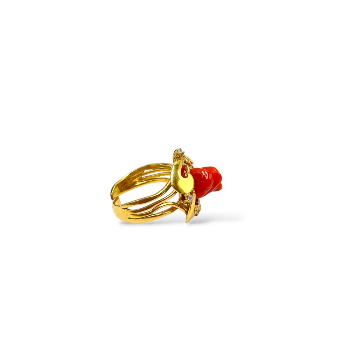 Pink ring in red coral mounted on silver