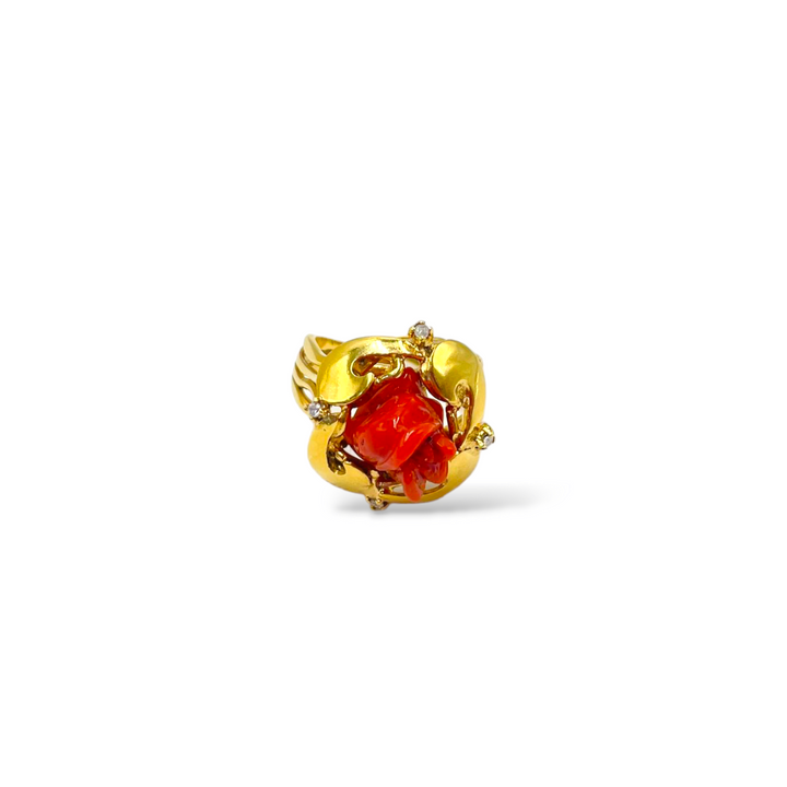 Pink ring in red coral mounted on silver